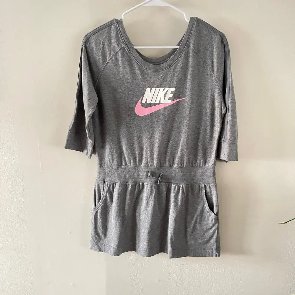 Nike Swoosh T Shirt Mini Dress Pockets Girls XL Heather Gray Sporty Athleisure